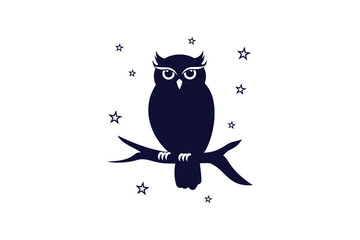 A stylized owl with wide eyes under a starry night clip art illustration on a white background