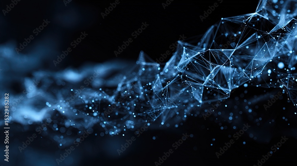 Poster abstract digital mesh of blue polygons in motion with depth and detail
