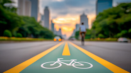 Cyclist in bike lane at sunset, safety symbols highlighted, wide-angle