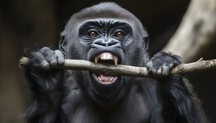 Gorilla gripping a branch with bared teeth.