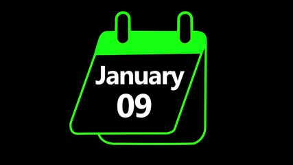 January 09 Daily Calendar icon animation on transparent background. Calendar with the date January 09 on a black background. January 09 Calendar Sign on black screen background, chroma key ,