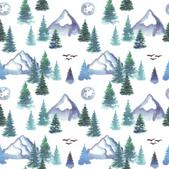 Obraz premium Forest and mountains landscape. Seamless pattern