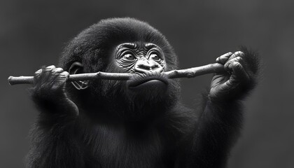 Close-up of a young gorilla holding a twig.