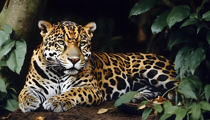 A jaguar rests in the jungle undergrowth.