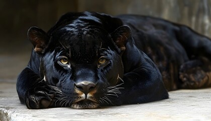 A majestic black panther rests on a stone surface.