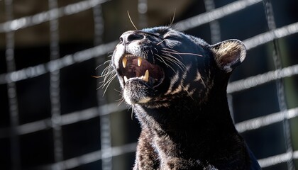 Close-up of a black panther with open mouth.