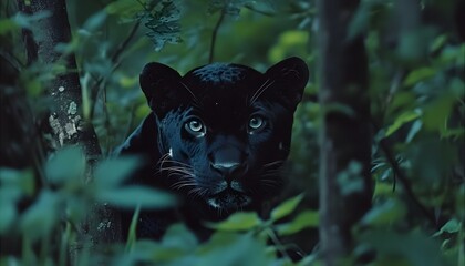 Black panther in a dense green forest.