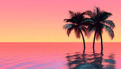 Tropical island scene with palm trees at sunset.
