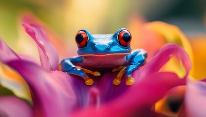Vibrant blue frog resting on a flower petal.