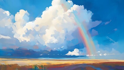A vast, vibrant landscape of a rainbow arching across a field of golden grasses beneath a dramatic sky of cumulus clouds.