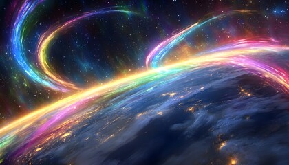 Colorful streaks of light around a planet.