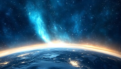 Earth seen from space with vibrant nebular formations.