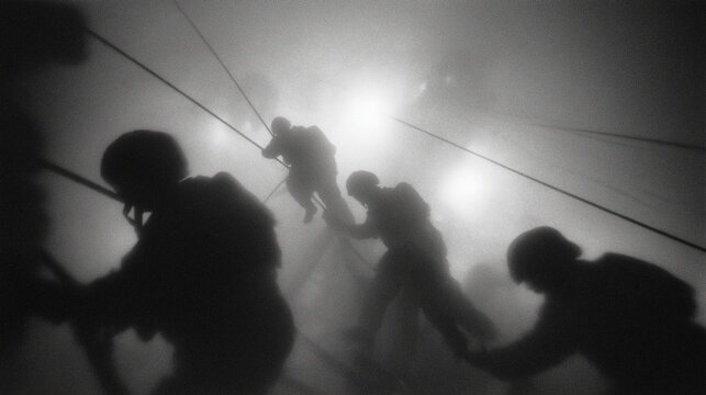 Soldiers boarding a ship illuminated by spotlights - Powered by Adobe