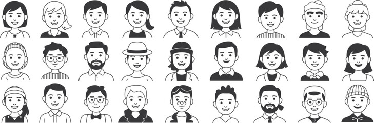 Vector illustrations of diverse people faces, cartoon characters with different hairstyles, smiles, casual outfits, male and female, avatar style, characters with hats, glasses, and accessories