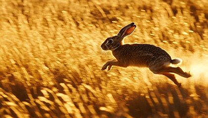 A hare leaps through golden grasses at dawn.