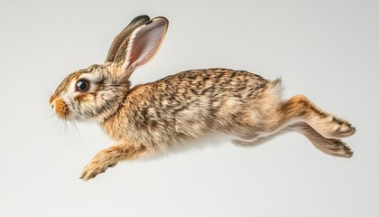 A small hare in mid-leap against a plain background.