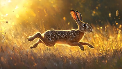 A hare leaps through a field bathed in golden sunlight.