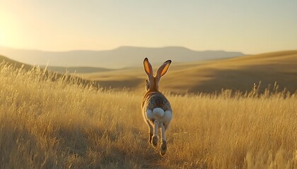 Desert hare running through tall golden grass at sunset.