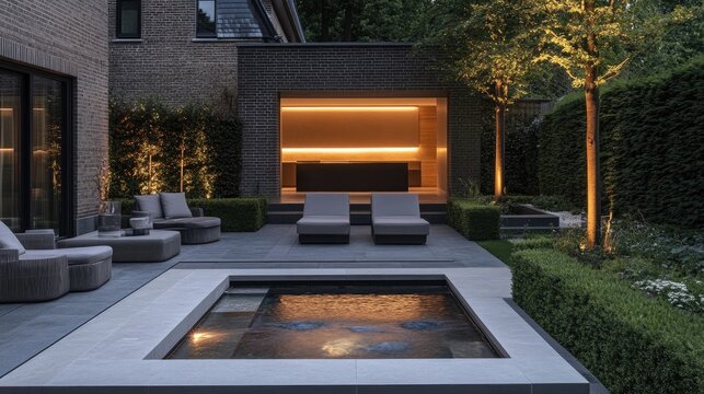 Modern backyard oasis featuring sleek lounge chairs, tranquil pool, and ambient lighting against a stylish brick backdrop