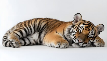 A sleeping tiger cub resting on a white background.