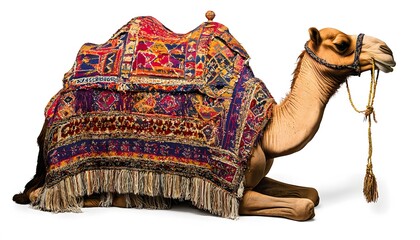 Ornate camel draped in a richly patterned cover.