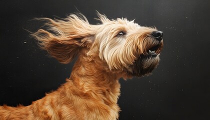 A dog with fur blowing in the wind.