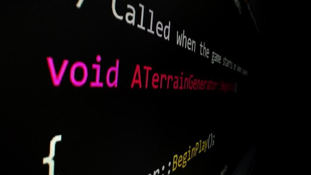 Closeup macro shot movement of coding script moving across LED screen with real-time AI-generated typing, showcasing advanced AI learning in optimization, debug and coding for software development.
