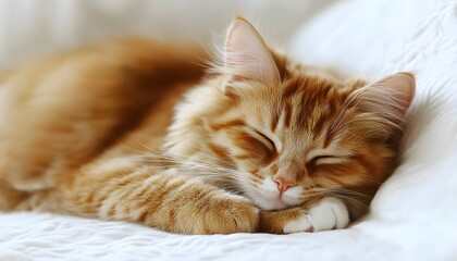 Ginger cat sleeping peacefully on a white bed.