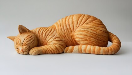 Detailed carving of a ginger cat in a sleeping pose.