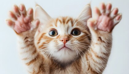 Playful ginger kitten with paws raised.