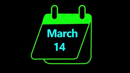 14 march calendar icon animation. Boost your productivity and impress clients with this sophisticated calendar animation.14 March date Calendar icon 4k video animation, black background.
