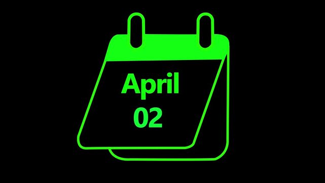  glowing Calendar date 02 month April text on black background 4k animation.02 April, Neon effect text, monthly Calendar on workplace with Black Background, Empty space for text, Copy space right