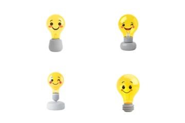 Four cute smiling light bulbs with different expressions isolated on transparent background