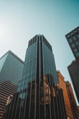 Modern skyscraper viewed from below against clear blue sky  