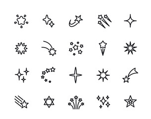 Shooting stars line icon set. Simple symbols with meteorite, cosmic shine and comet with tail. Editable stroke. Design element for app. Outline vector illustration collection isolated on background