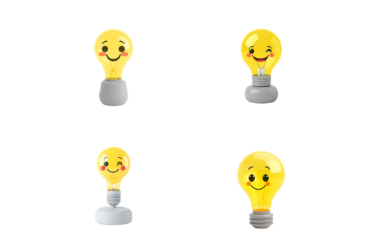 Four cute smiling light bulbs with different expressions isolated on transparent background