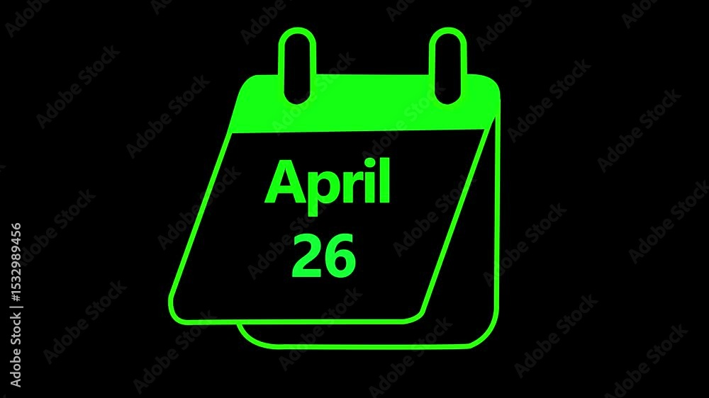 Poster 26 april calendar date animation on black background. calendar date icon loop animated. 26april icon