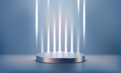 Futuristic 3D Metallic Podium. Background or banner with round stage or scene with gradient glitter and bright blue spotlights. Design for product presentation. Realistic 3D render vector illustration