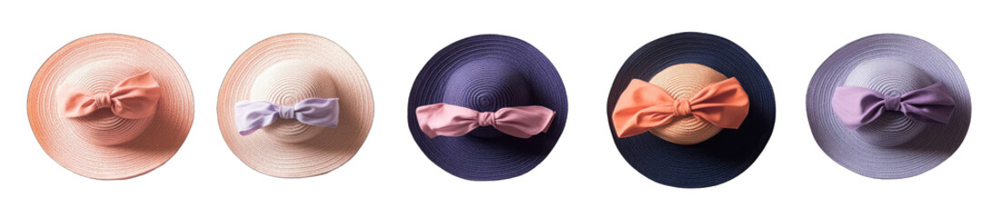 Four pastel-colored hats with bows