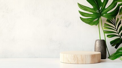 Modern minimalist interior with wooden stand and tropical leaves for decor inspiration
