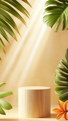 Tropical natural background with wooden pedestal for product display and sunlit leaves