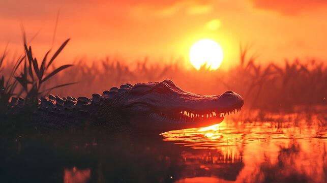 Silhouette of an alligator at sunrise over a marsh. - Powered by Adobe