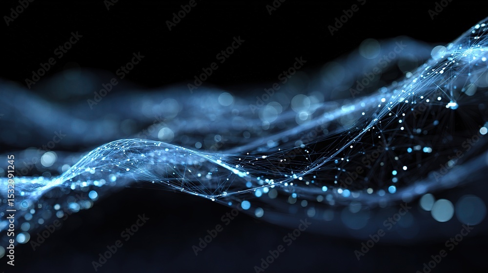 Poster luminous digital data flow background in blue with abstract waves