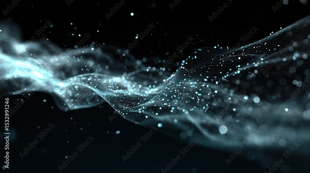 Poster quantum wave stream concept with glowing particles in space
