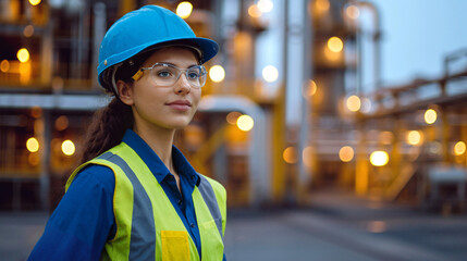  female engineer in safety gear standing confidently at industrial facility during evening shift