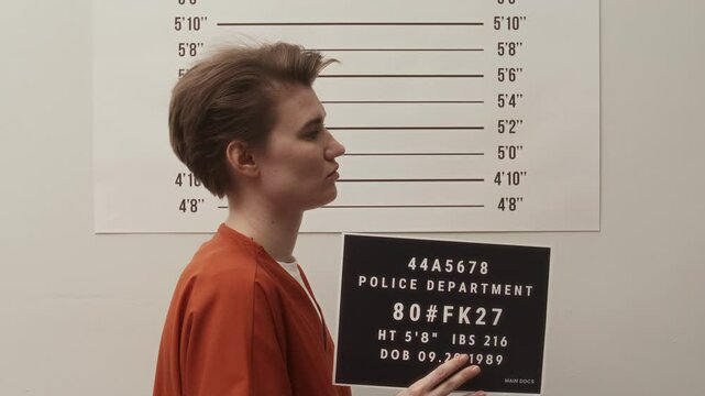 Young female inmate in orange uniform holding booking board and posing for camera against height chart during police mugshot procedure