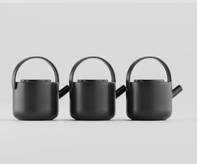 Modern black teapots studio product photography featuring three sleek design objects against a...