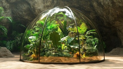 Glass dome with lush plants