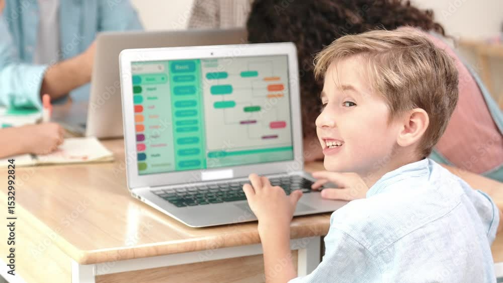 Poster smart caucasian boy turn around and looking at camera in stem technology class while group of divers