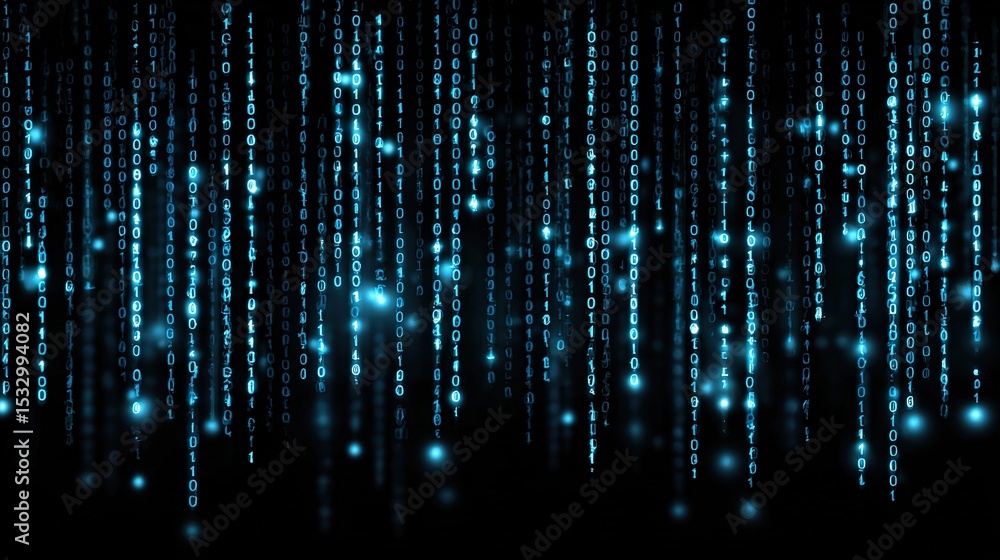Poster dark background with binary digits streaming downward in blue